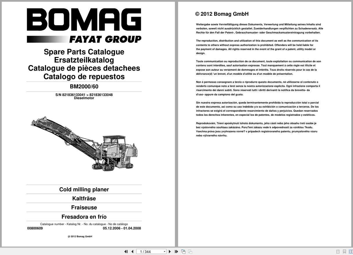 Bomag Cold Milling Planer BM 2000 60 Spare Parts Catalog 2006 2008 EN DE FR (1)