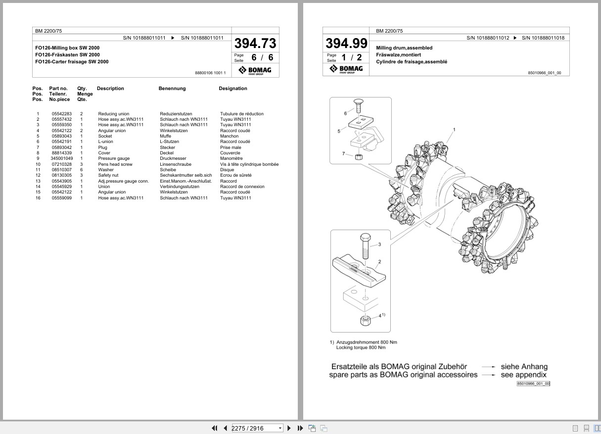 Bomag Cold Milling Planer BM 2200 75 Spare Parts Catalog 2015 2019 EN DE FR (3)