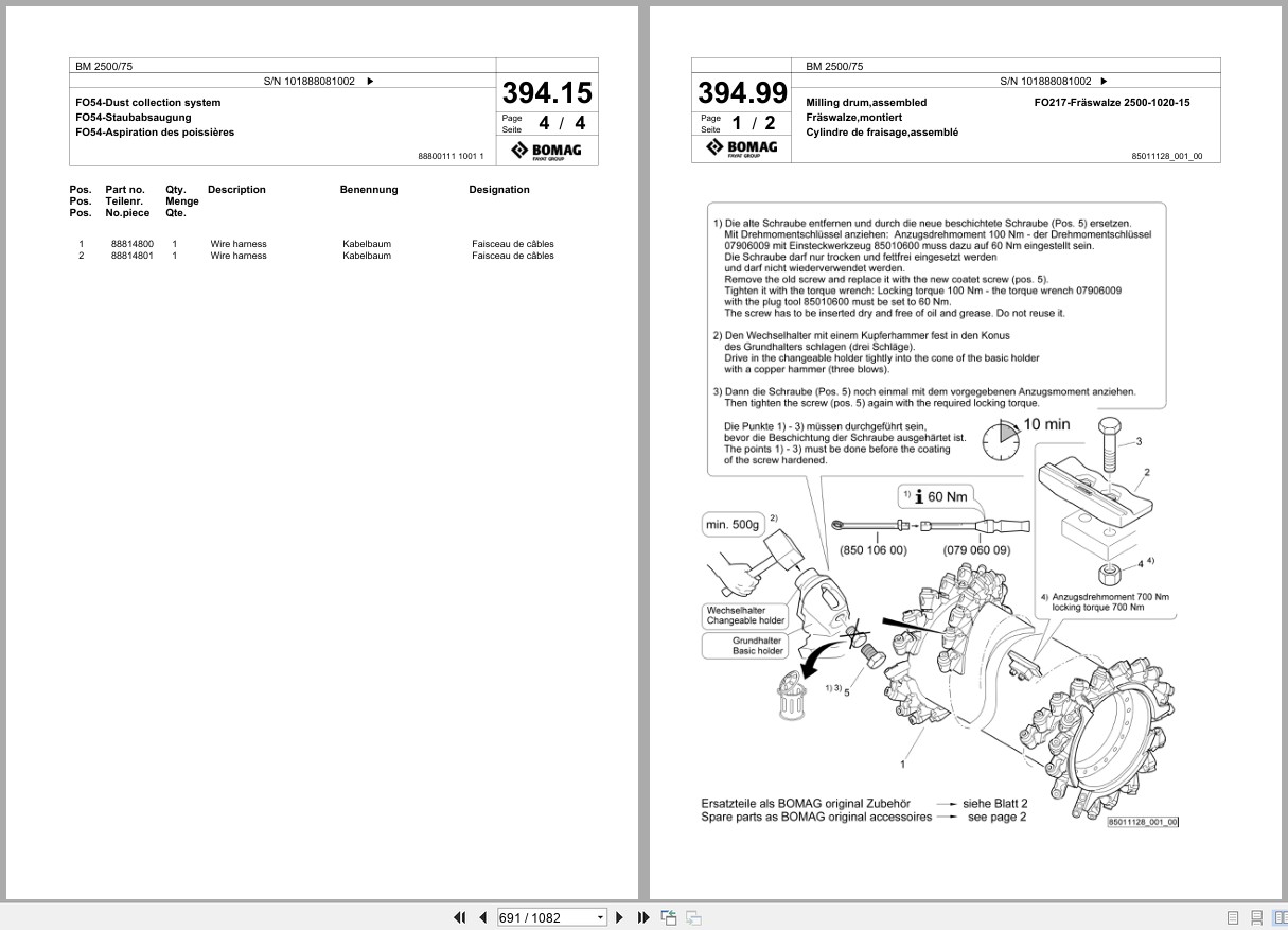 Bomag Cold Milling Planer BM 2500 75 Spare Parts Catalog 2019 2022 EN DE FR (2)