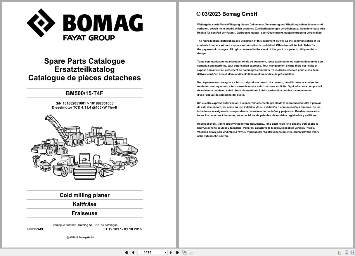 Bomag Cold Milling Planer BM 500 15 T4F Spare Parts Catalog 2017 2018 EN DE FR (1)