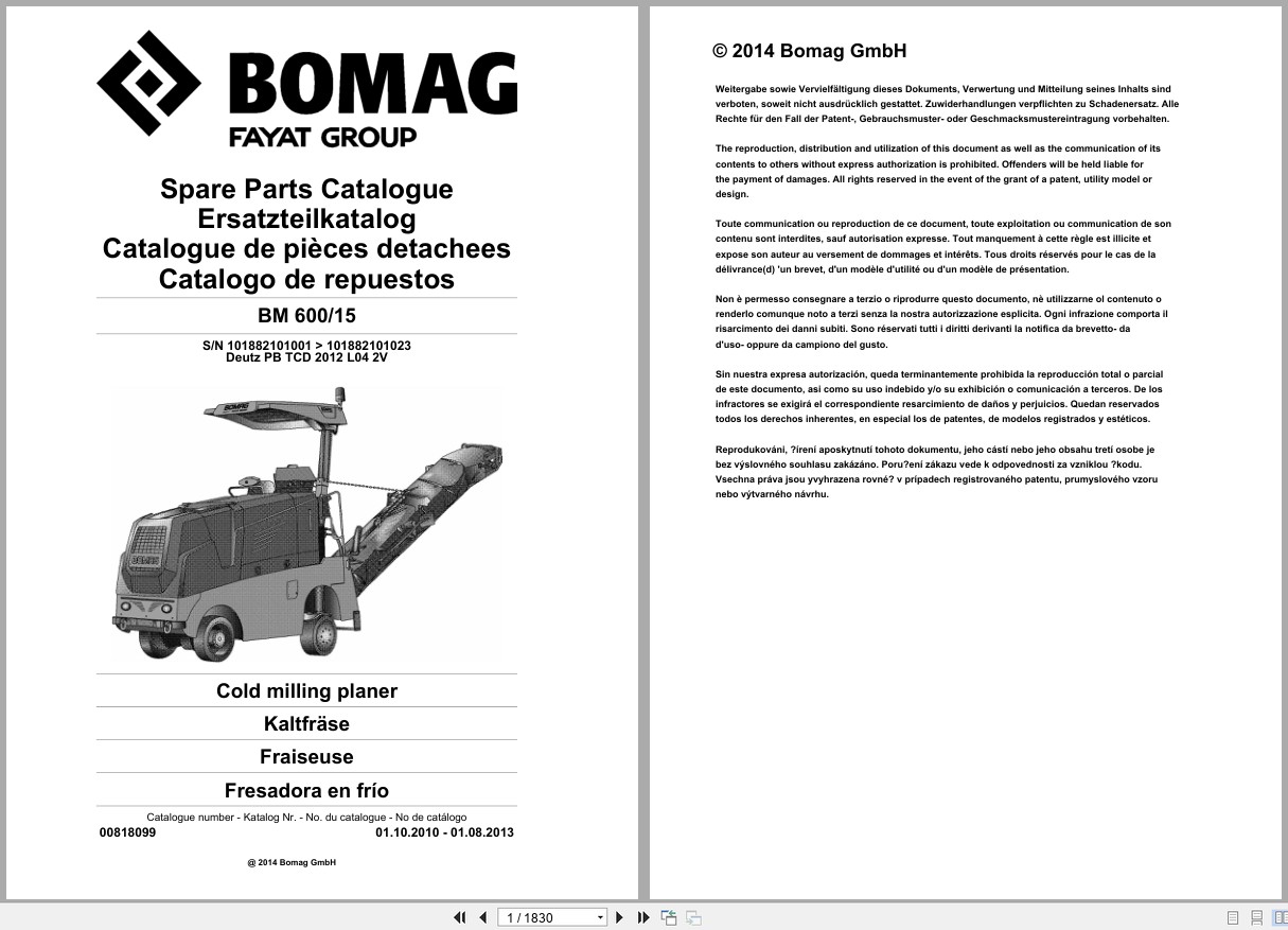 Bomag Cold Milling Planer BM 600 15 Spare Parts Catalog 2010 2013 EN DE FR (1)