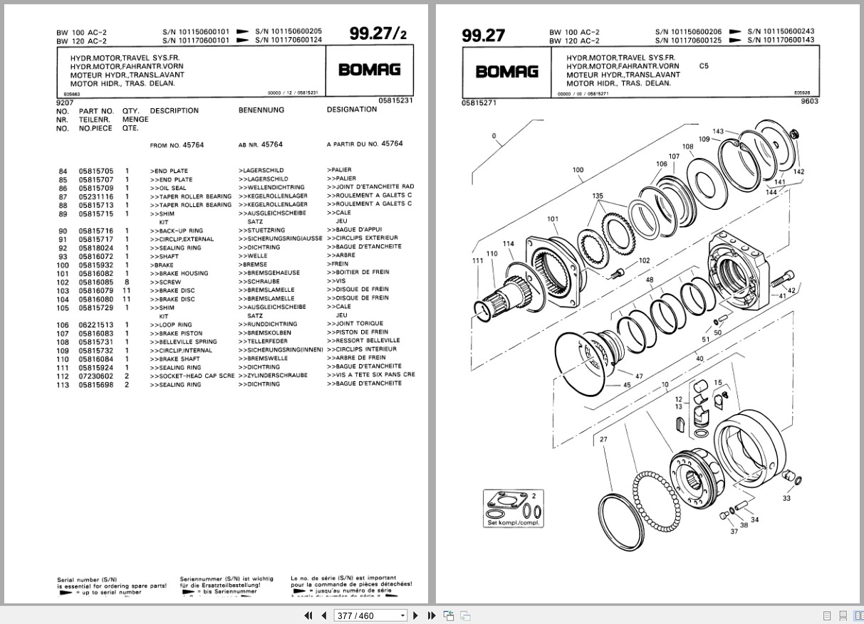 Bomag Combination Roller BW 100 AC 2 BW 120 AC 2 Spare Parts Catalog 1996 EN DE FR (2)