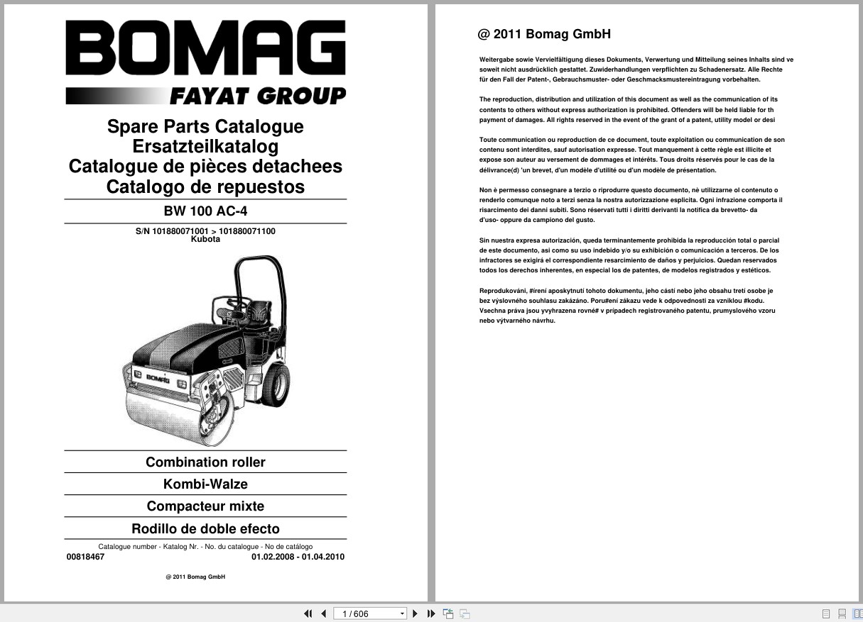 Bomag Combination Roller BW 100 AC 4 Spare Parts Catalog 2008 2010 EN DE FR (1)