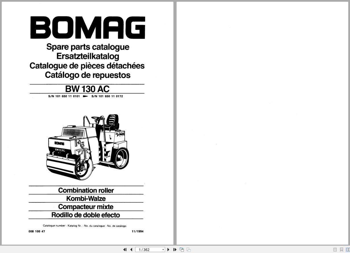 Bomag Combination Roller BW 130 AC Spare Parts Catalog 1994 EN DE FR (1)