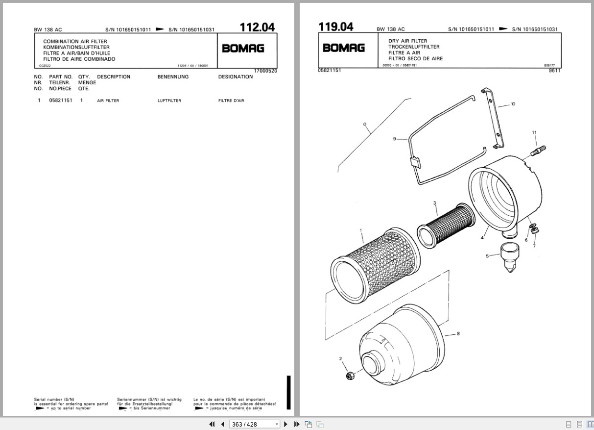 Bomag Combination Roller BW 138 AC Spare Parts Catalog 2001 EN DE FR (2)