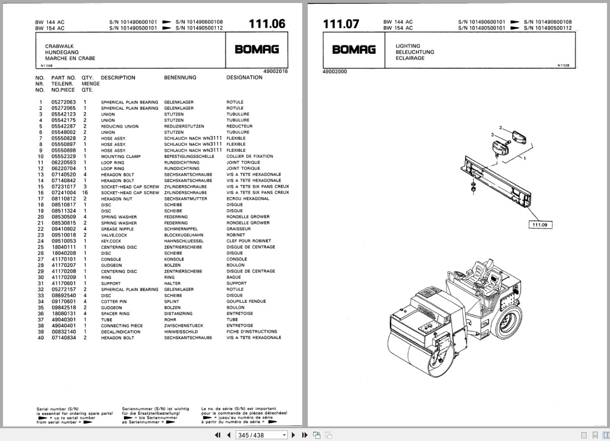 Bomag Combination Roller BW 144 AC BW 154 AC Spare Parts Catalog 1987 EN DE FR (2)