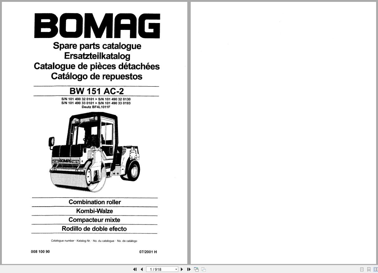Bomag Combination Roller BW 151 AC 2 Spare Parts Catalog 00810090 2001 EN DE FR (1)