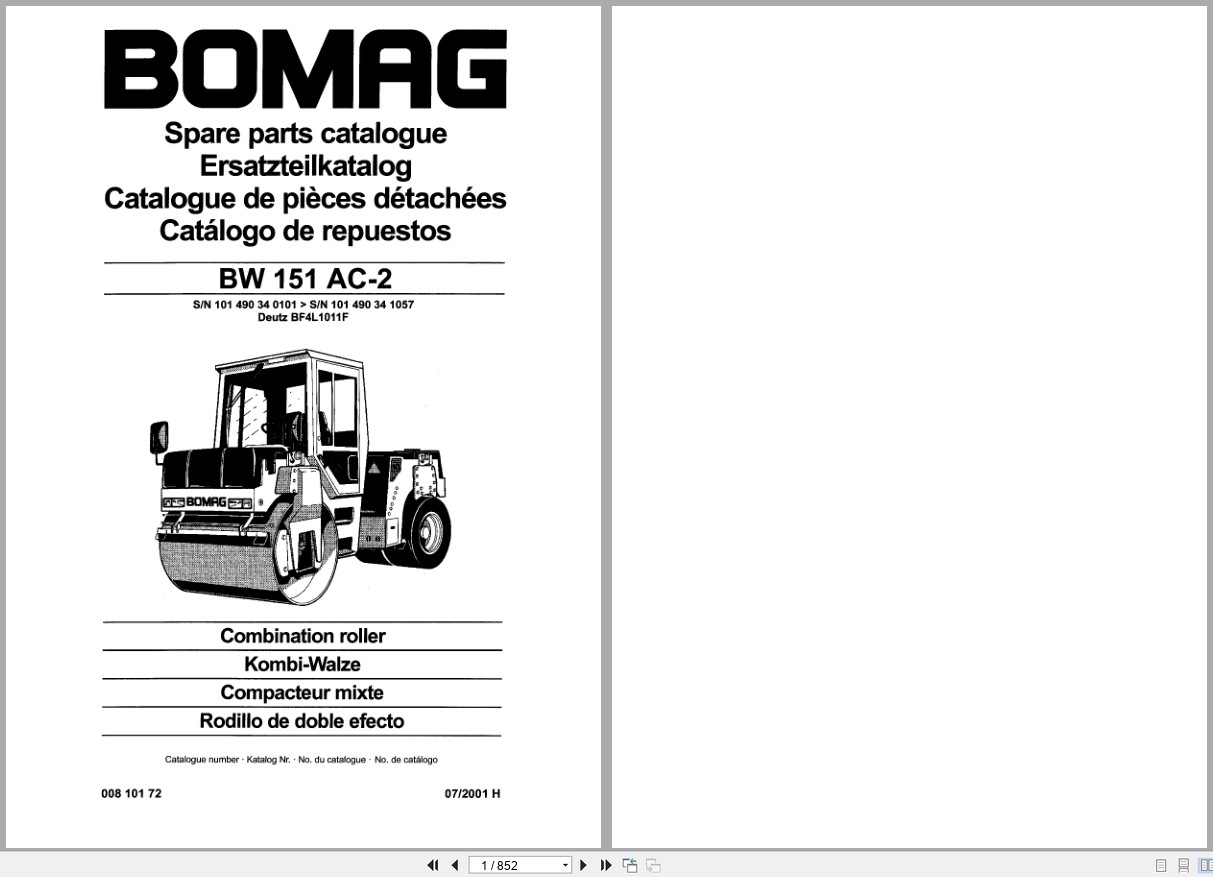 Bomag Combination Roller BW 151 AC 2 Spare Parts Catalog 00810172 2001 EN DE FR (1)