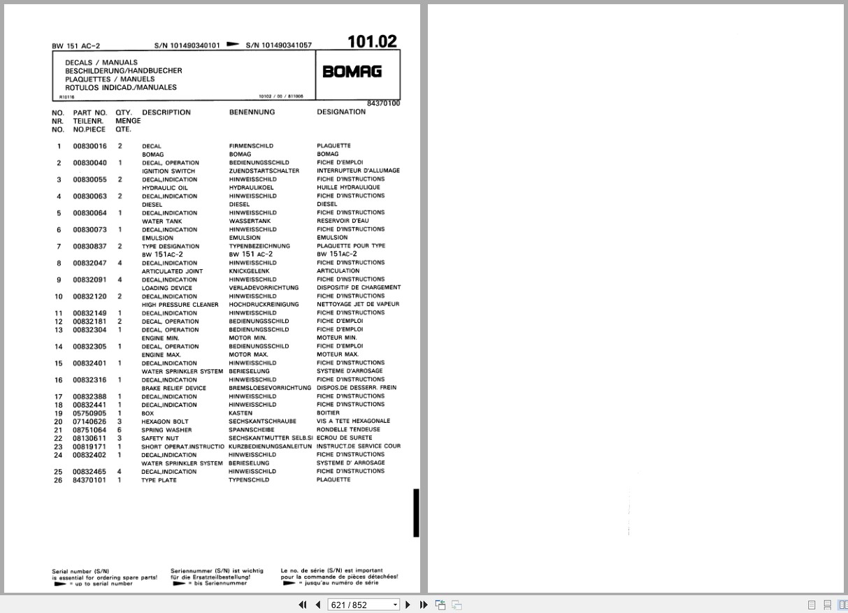 Bomag Combination Roller BW 151 AC 2 Spare Parts Catalog 00810172 2001 EN DE FR (3)