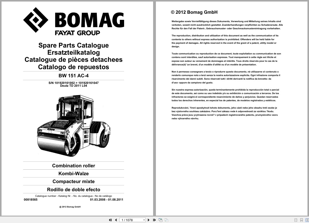 Bomag Combination Roller BW 151 AC 4 Spare Parts Catalog 2008 2011 EN DE FR (1)