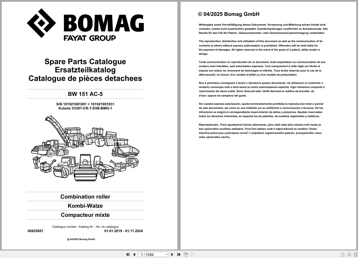 Bomag Combination Roller BW 151 AC 5 Spare Parts Catalog 2019 2024 EN DE FR (1)