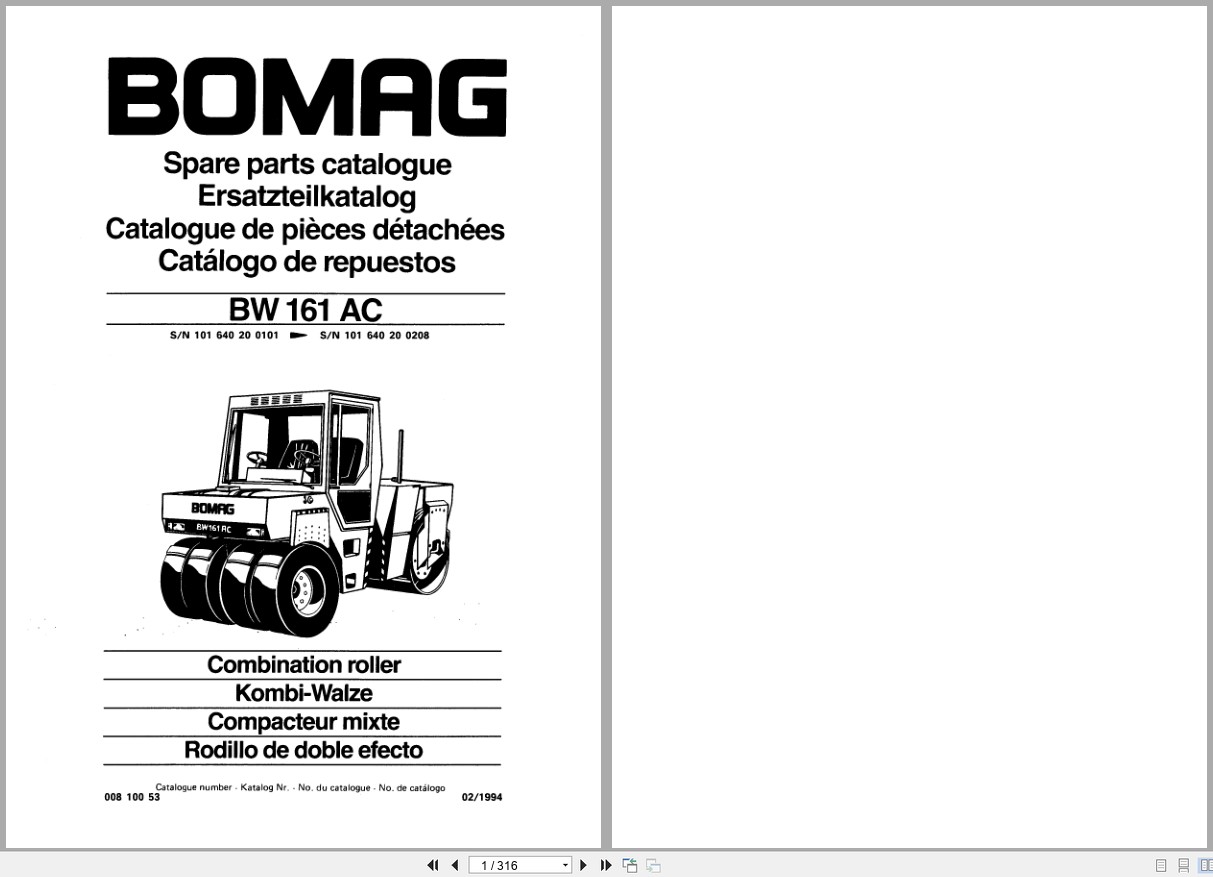 Bomag Combination Roller BW 161 AC Spare Parts Catalog 1994 EN DE FR (1)