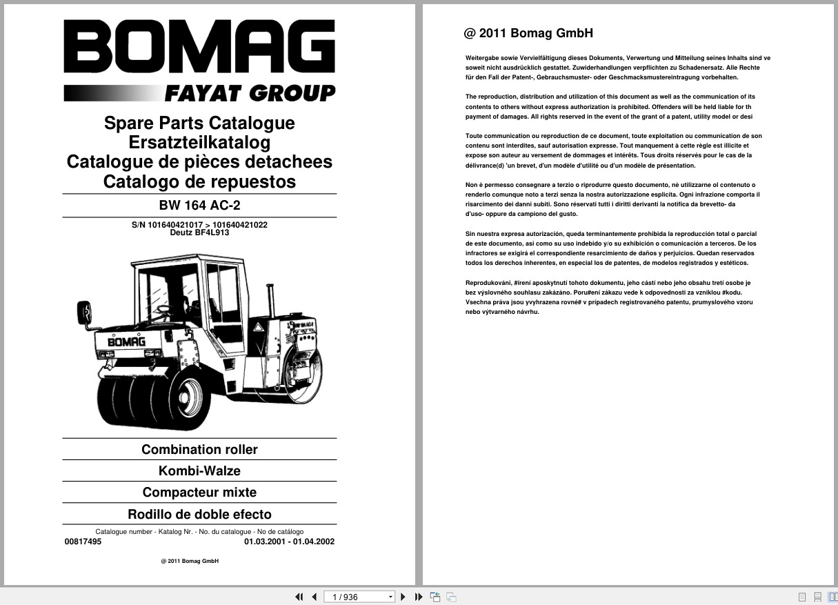 Bomag Combination Roller BW 164 AC 2 Spare Parts Catalog 2001 2002 EN DE FR (1)