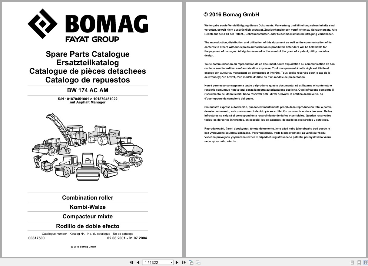 Bomag Combination Roller BW 174 AC AM Spare Parts Catalog 2001 2004 EN DE FR (1)