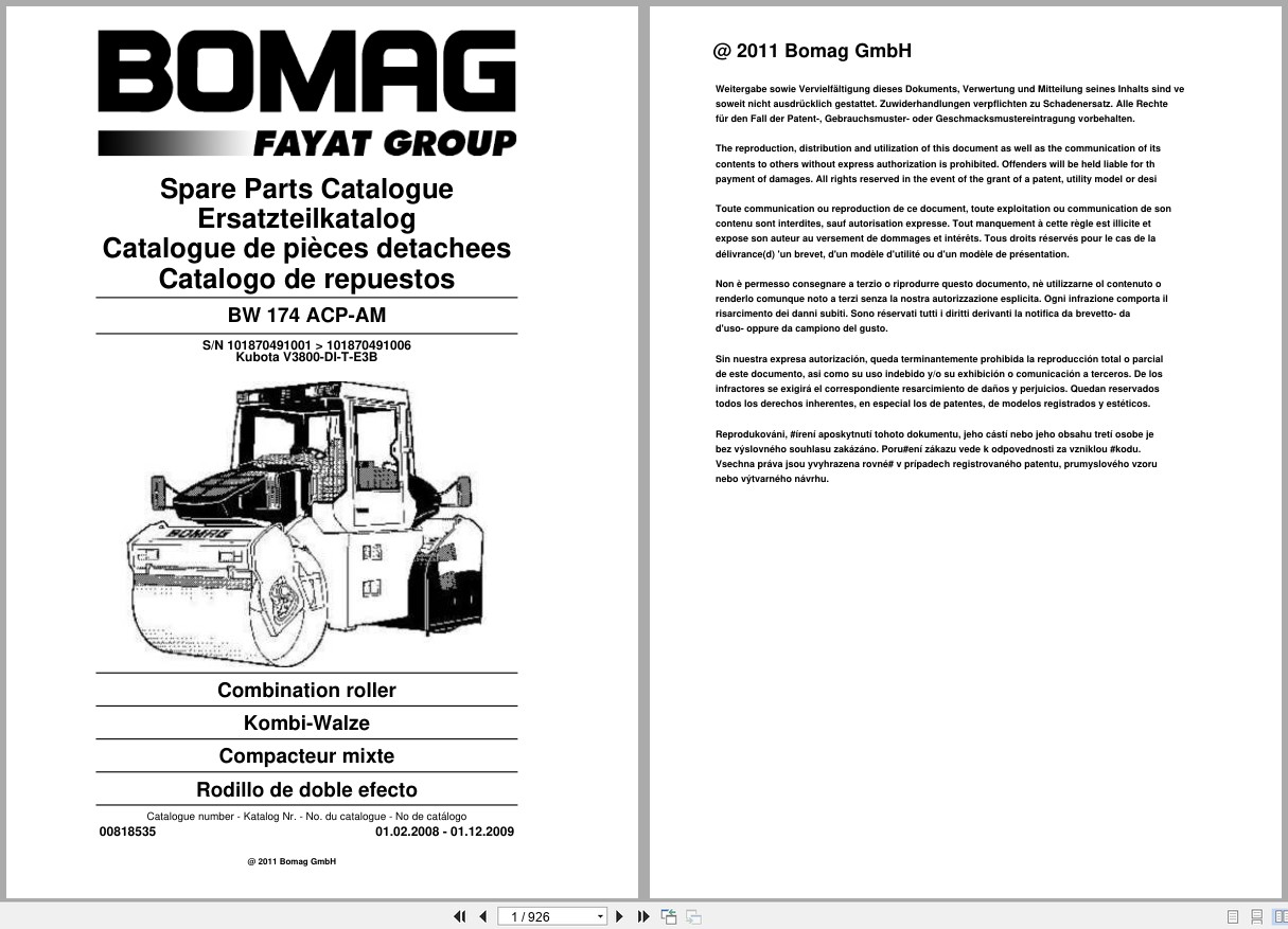 Bomag Combination Roller BW 174 ACP AM Spare Parts Catalog 2008 2009 EN DE FR (1)