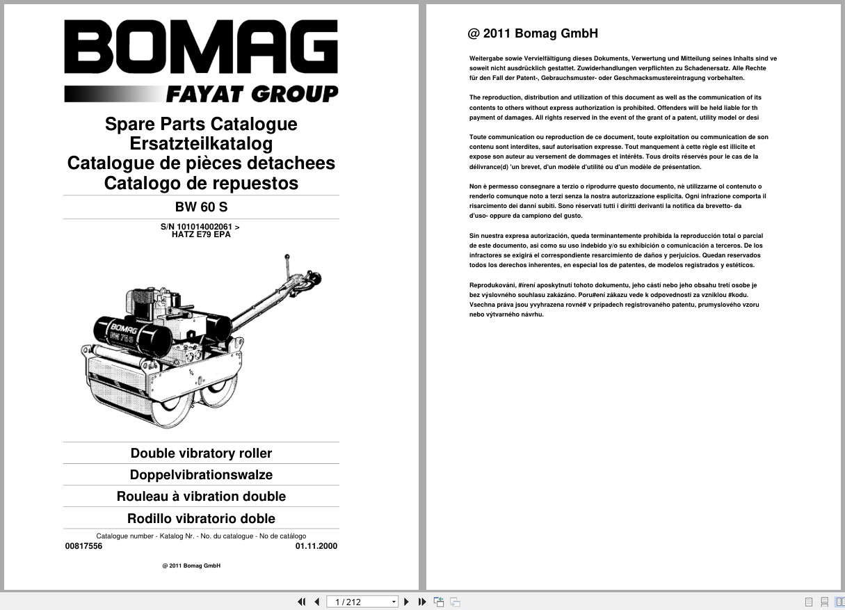Bomag Double Vibratory Roller BW 60 S Spare Parts Catalog 00817556 2000 EN DE FR (1)
