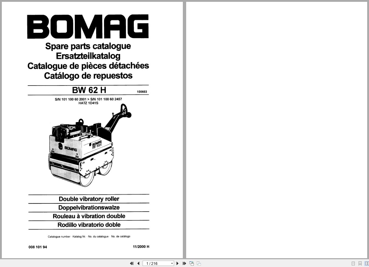 Bomag Double Vibratory Roller BW 62 H Spare Parts Catalog 00810194 2000 EN DE FR (1)