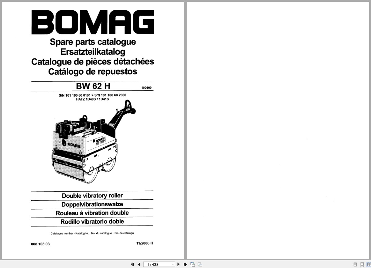 Bomag Double Vibratory Roller BW 62 H Spare Parts Catalog 00810303 2000 EN DE FR (1)