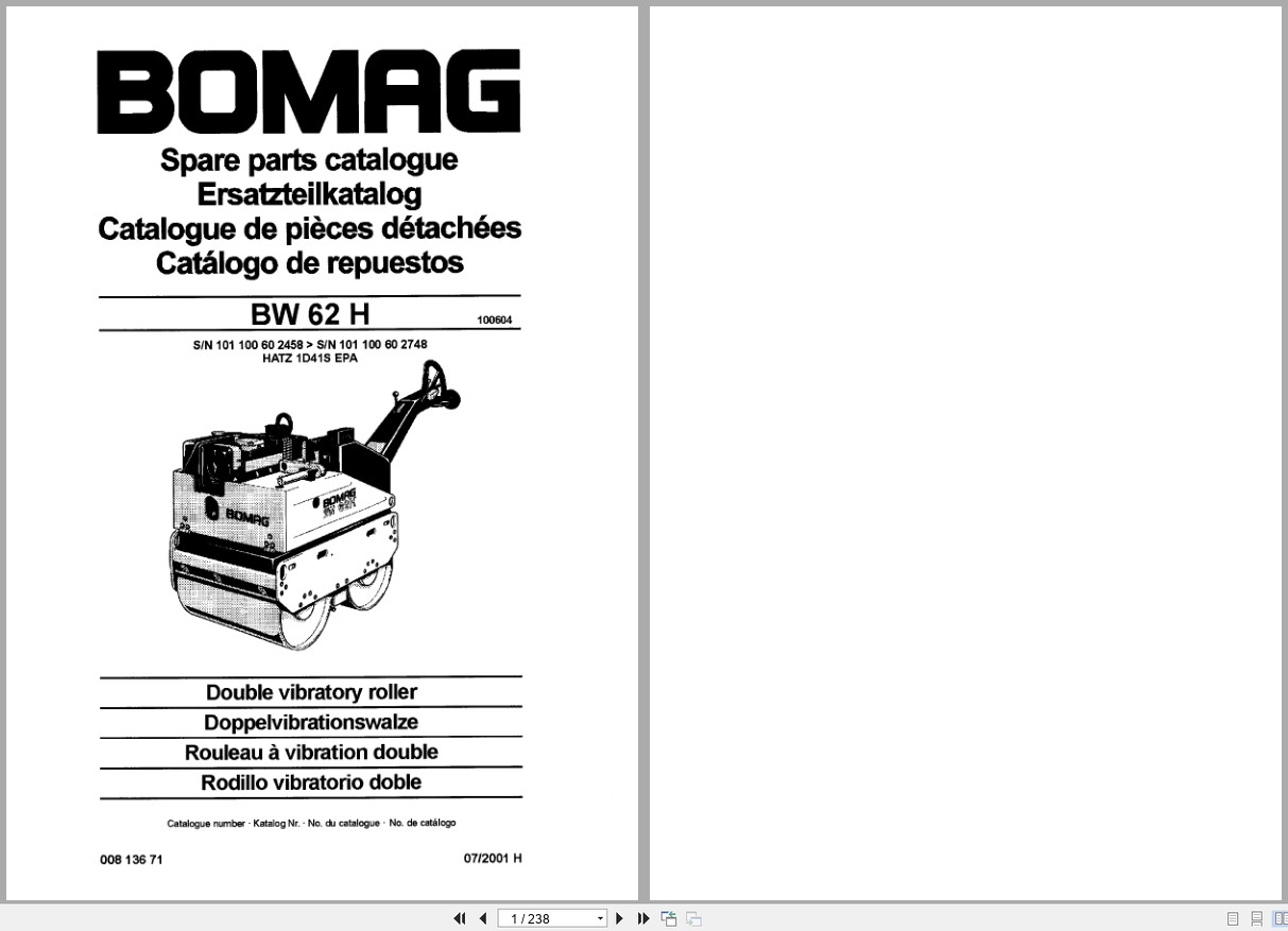 Bomag Double Vibratory Roller BW 62 H Spare Parts Catalog 2001 EN DE FR (1)
