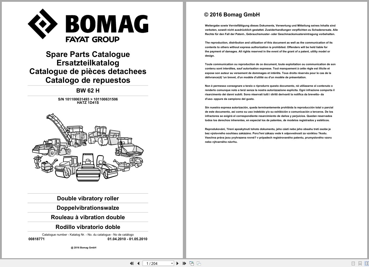 Bomag Double Vibratory Roller BW 62 H Spare Parts Catalog 2010 EN DE FR (1)