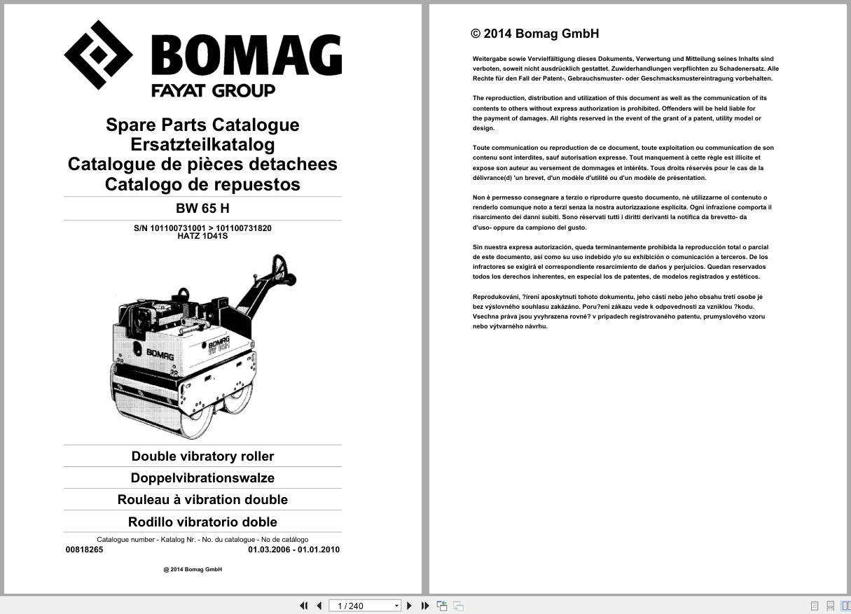 Bomag Double Vibratory Roller BW 65 H Spare Parts Catalog 03.2006 01.2010 EN DE FR (1)