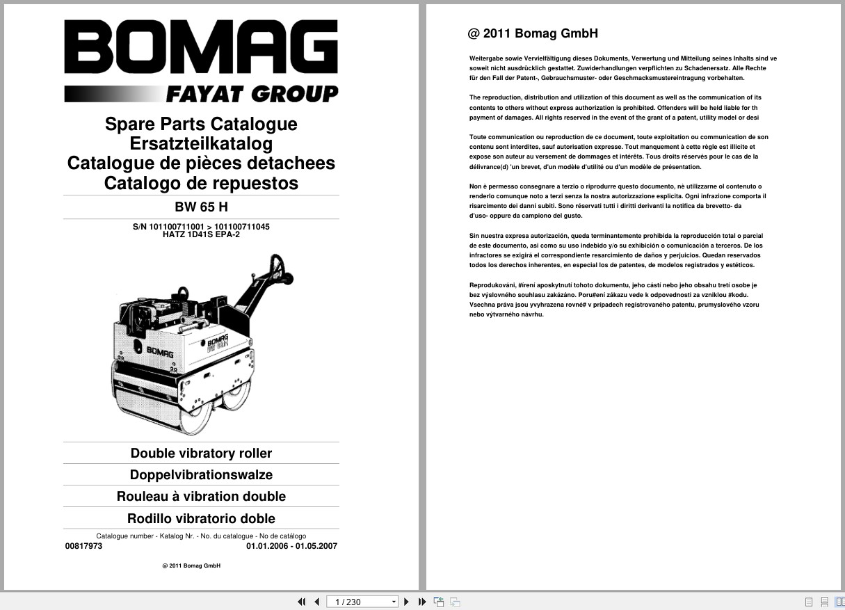 Bomag Double Vibratory Roller BW 65 H Spare Parts Catalog 2006 2007 EN DE FR (1)