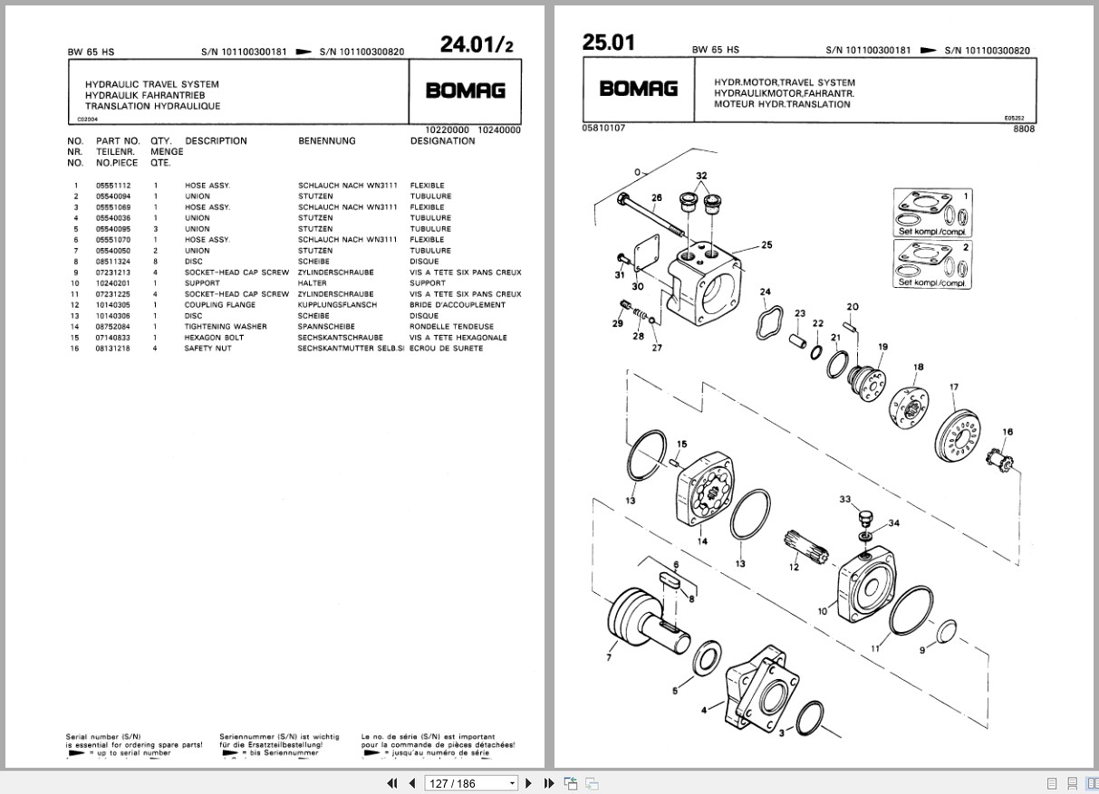 Bomag Double Vibratory Roller BW 65 HS Spare Parts Catalog 1986 EN DE FR (2)