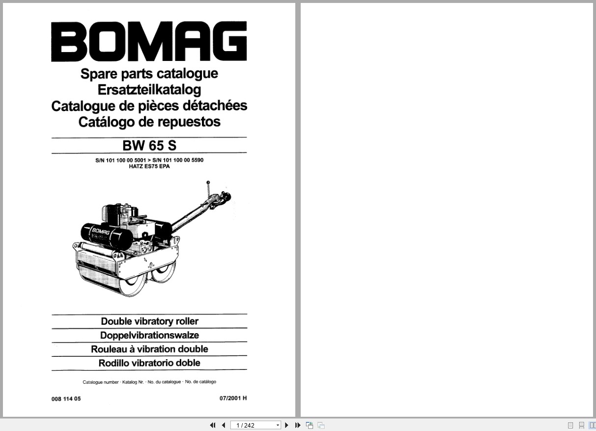 Bomag Double Vibratory Roller BW 65 S Spare Parts Catalog 00811405 2001 EN DE FR (1)