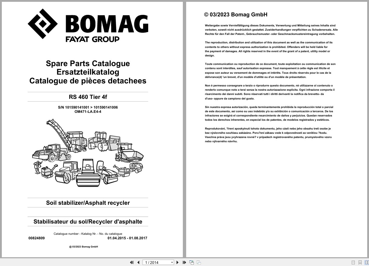 Bomag Soil Stabilizer Asphalt Recycler RS 460 Tier 4f Spare Parts Catalog 2015 2017 EN DE FR (1)