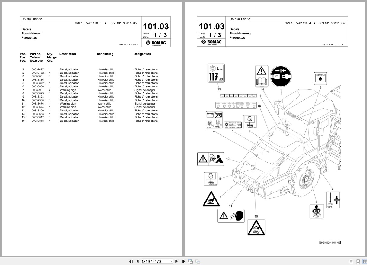 Bomag Soil Stabilizer Asphalt Recycler RS 500 Tier 3A Spare Parts Catalog 2015 2020 EN DE FR (3)