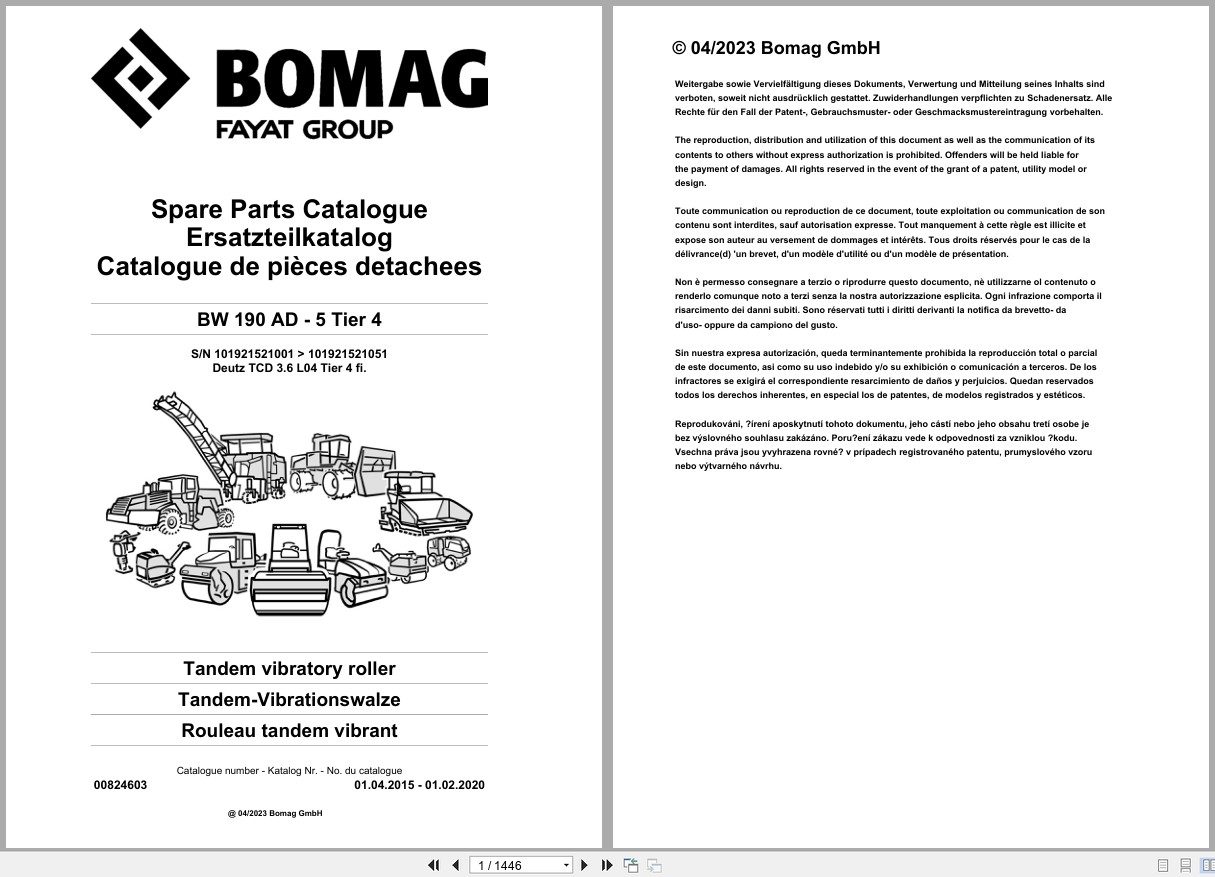 Bomag Tandem Vibratory Roller BW 190 AD 5 Tier 4 Spare Parts Catalog 2015 2020 EN DE FR (1)