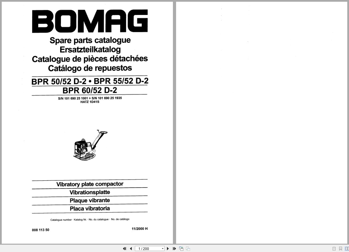 Bomag Vibratory Plate Compactor BPR 50 52 D 2 BPR 55 52 D 2 BPR 60 52 D 2 Spare Parts Catalog 2000 EN DE FR (1)