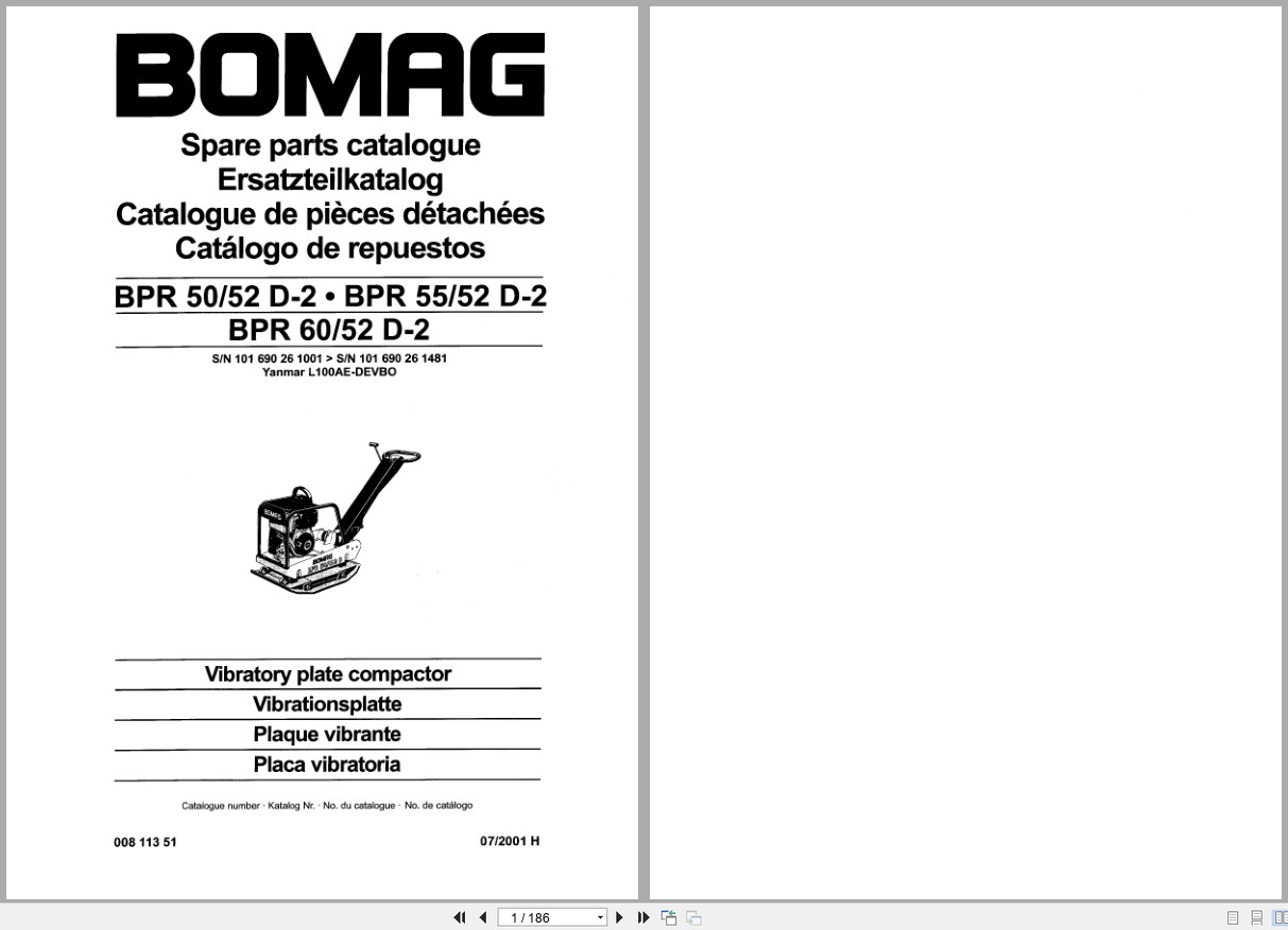 Bomag Vibratory Plate Compactor BPR 50 52 D 2 BPR 55 52 D 2 BPR 60 52 D 2 Spare Parts Catalog 2001 EN DE FR (1)