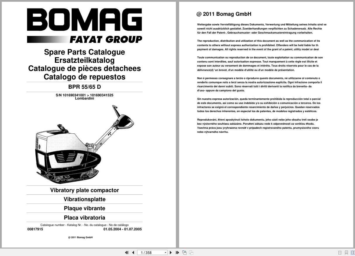 Bomag Vibratory Plate Compactor BPR 55 65 D Spare Parts Catalog 05.2004 07.2005 EN DE FR (1)