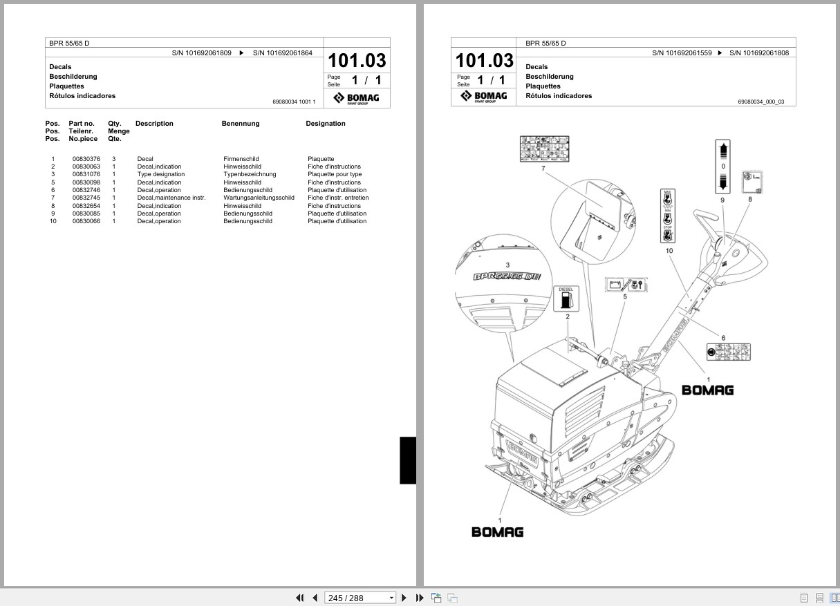 Bomag Vibratory Plate Compactor BPR 55 65 D Spare Parts Catalog 08.2005 02.2007 EN DE FR (2)