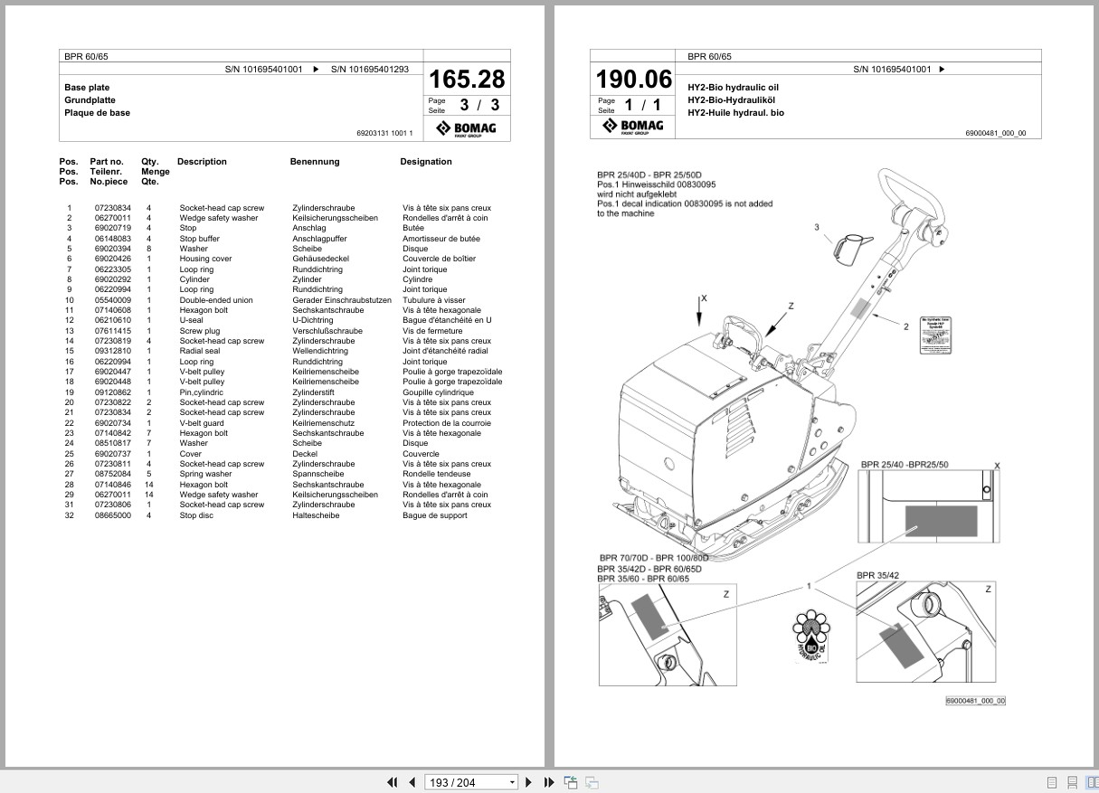 Bomag Vibratory Plate Compactor BPR 60 65 Spare Parts Catalog 2020 2023 EN DE FR (2)