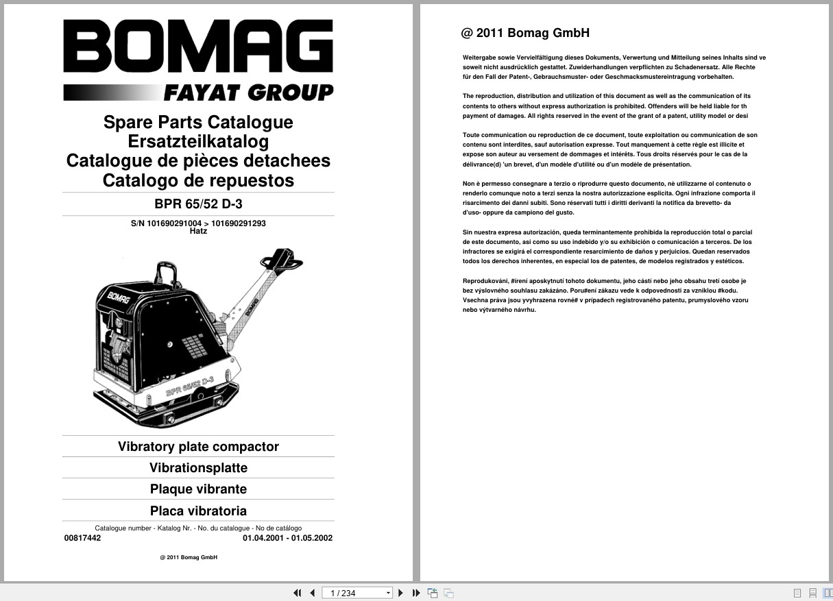 Bomag Vibratory Plate Compactor BPR 65 52 D 3 Spare Parts Catalog 2001 2002 EN DE FR (1)
