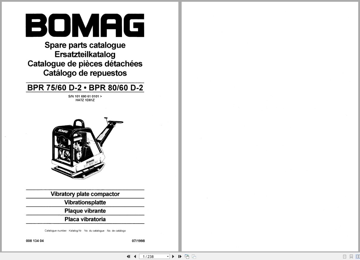Bomag Vibratory Plate Compactor BPR 75 60 D 2 BPR 80 60 D 2 Spare Parts Catalog 1998 EN DE FR (1)