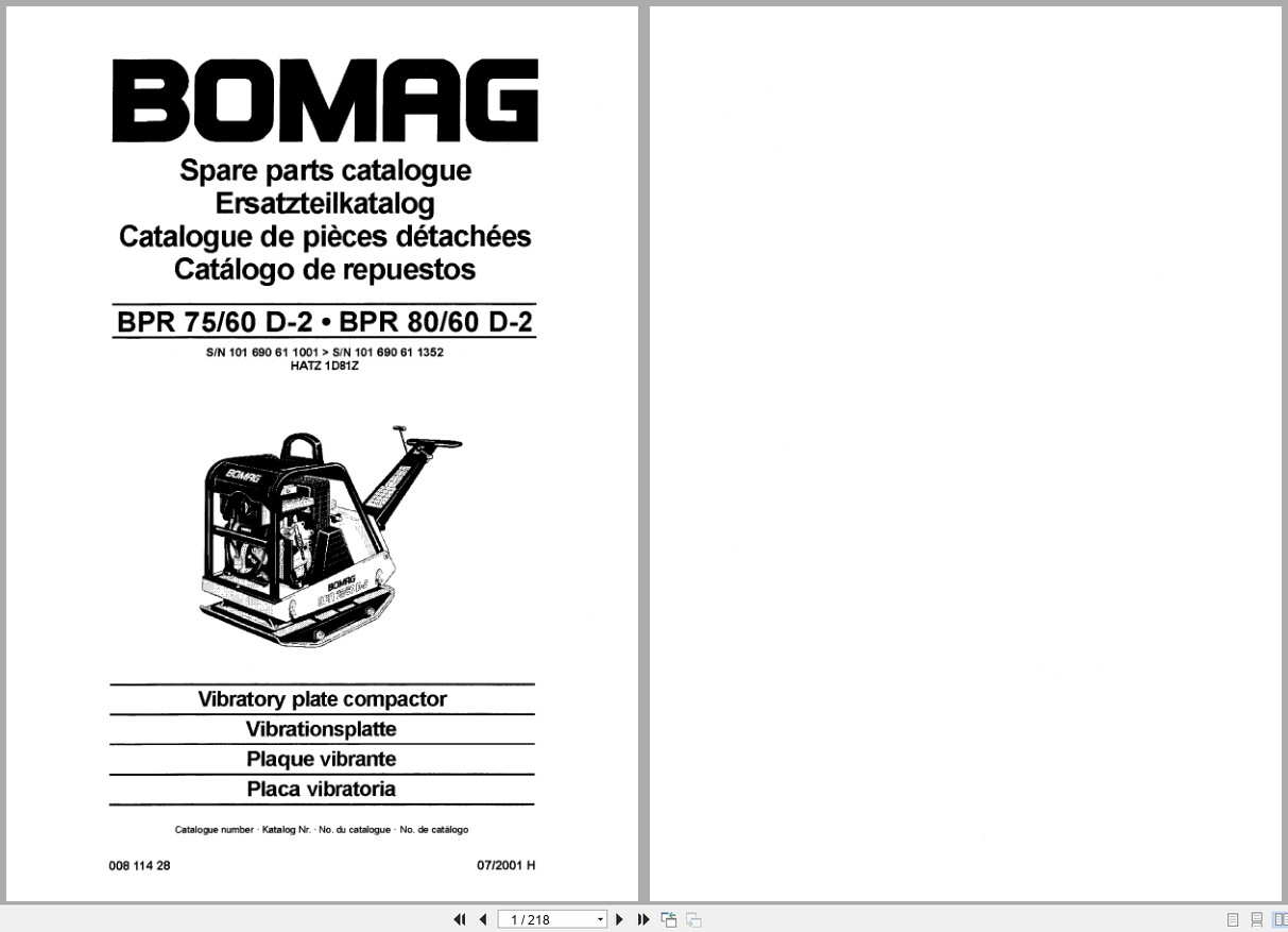 Bomag Vibratory Plate Compactor BPR 75 60 D 2 BPR 80 60 D 2 Spare Parts Catalog 2001 EN DE FR (1)