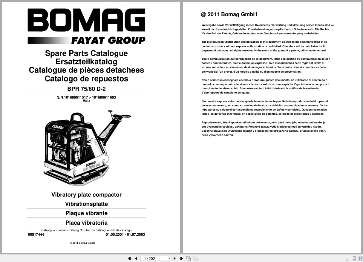 Bomag Vibratory Plate Compactor BPR 75 60 D 2 Spare Parts Catalog 2001 2003 EN DE FR (1)