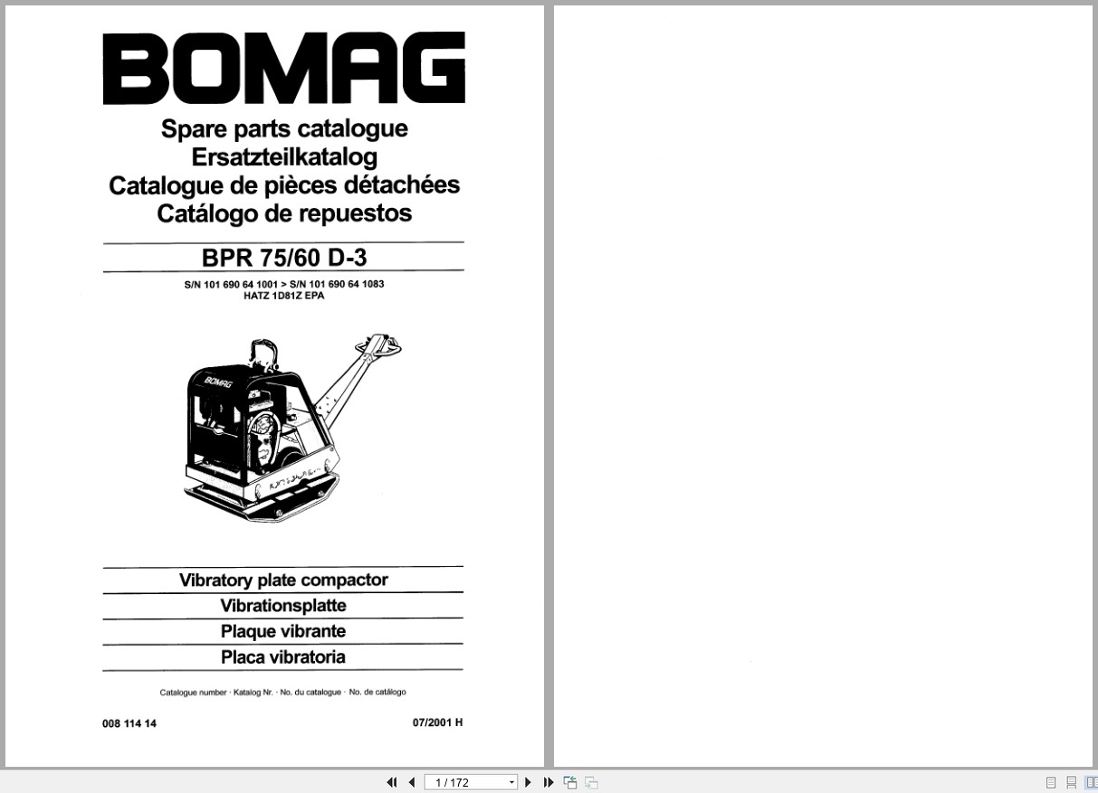 Bomag Vibratory Plate Compactor BPR 75 60 D 3 Spare Parts Catalog 00811414 2001 EN DE FR (1)