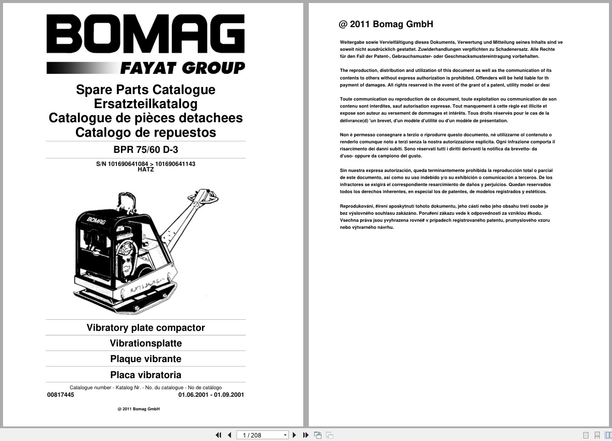 Bomag Vibratory Plate Compactor BPR 75 60 D 3 Spare Parts Catalog 00817445 2001 EN DE FR (1)
