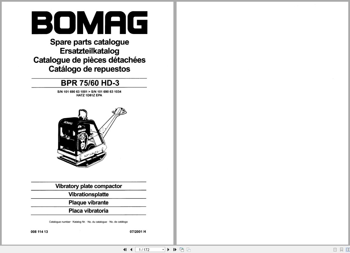 Bomag Vibratory Plate Compactor BPR 75 60 HD 3 Spare Parts Catalog 00811413 2001 EN DE FR (1)