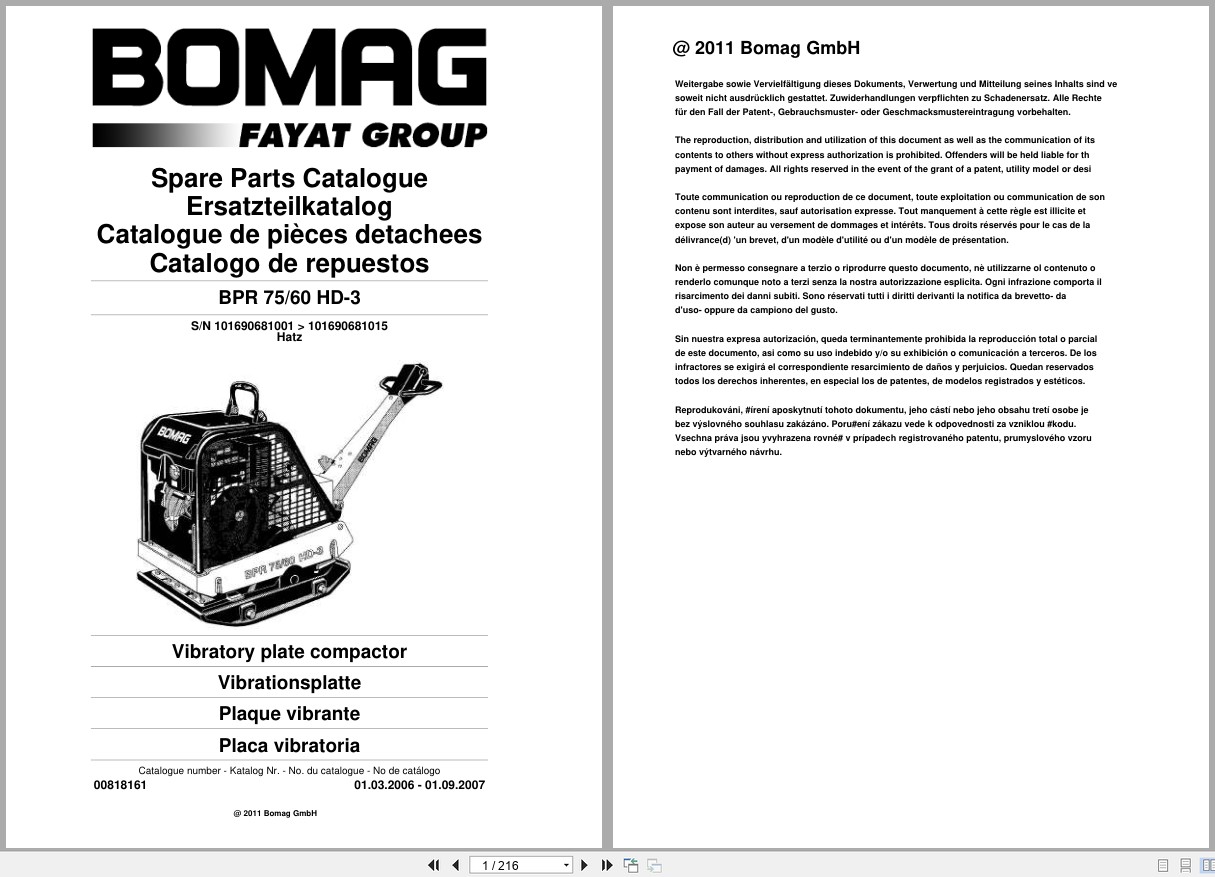 Bomag Vibratory Plate Compactor BPR 75 60 HD 3 Spare Parts Catalog 2006 2007 EN DE FR (1)