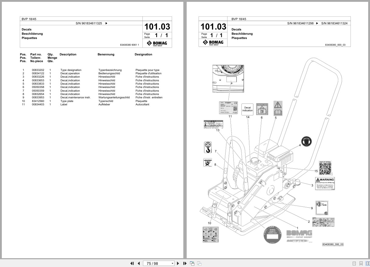 Bomag Vibratory Plate Compactor BVP 18 45 Spare Parts Catalog 04.2020 11.2024 EN DE FR (3)