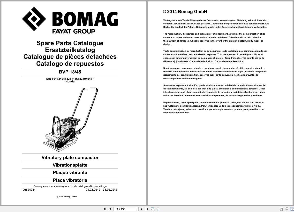Bomag Vibratory Plate Compactor BVP 18 45 Spare Parts Catalog 2012 2013 EN DE FR (1)