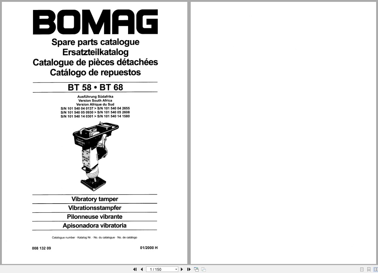 Bomag Vibratory Tamper BT 58 BT 68 Spare Parts Catalog 00813209 2000 EN DE FR (1)
