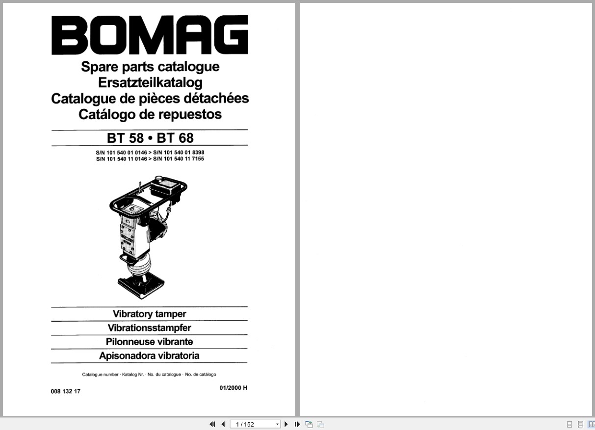 Bomag Vibratory Tamper BT 58 BT 68 Spare Parts Catalog 00813217 2000 EN DE FR (1)