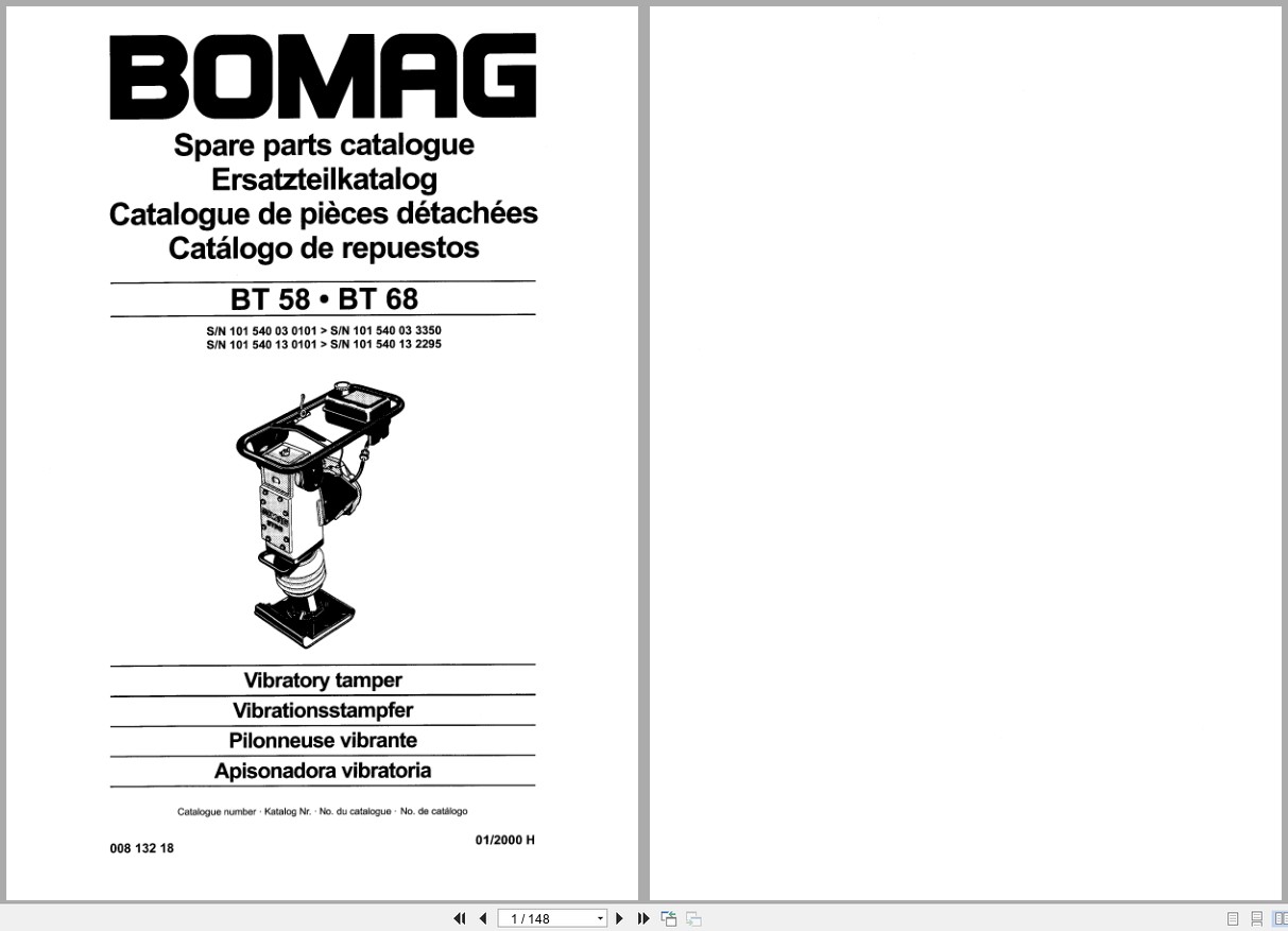 Bomag Vibratory Tamper BT 58 BT 68 Spare Parts Catalog 00813218 2000 EN DE FR (1)