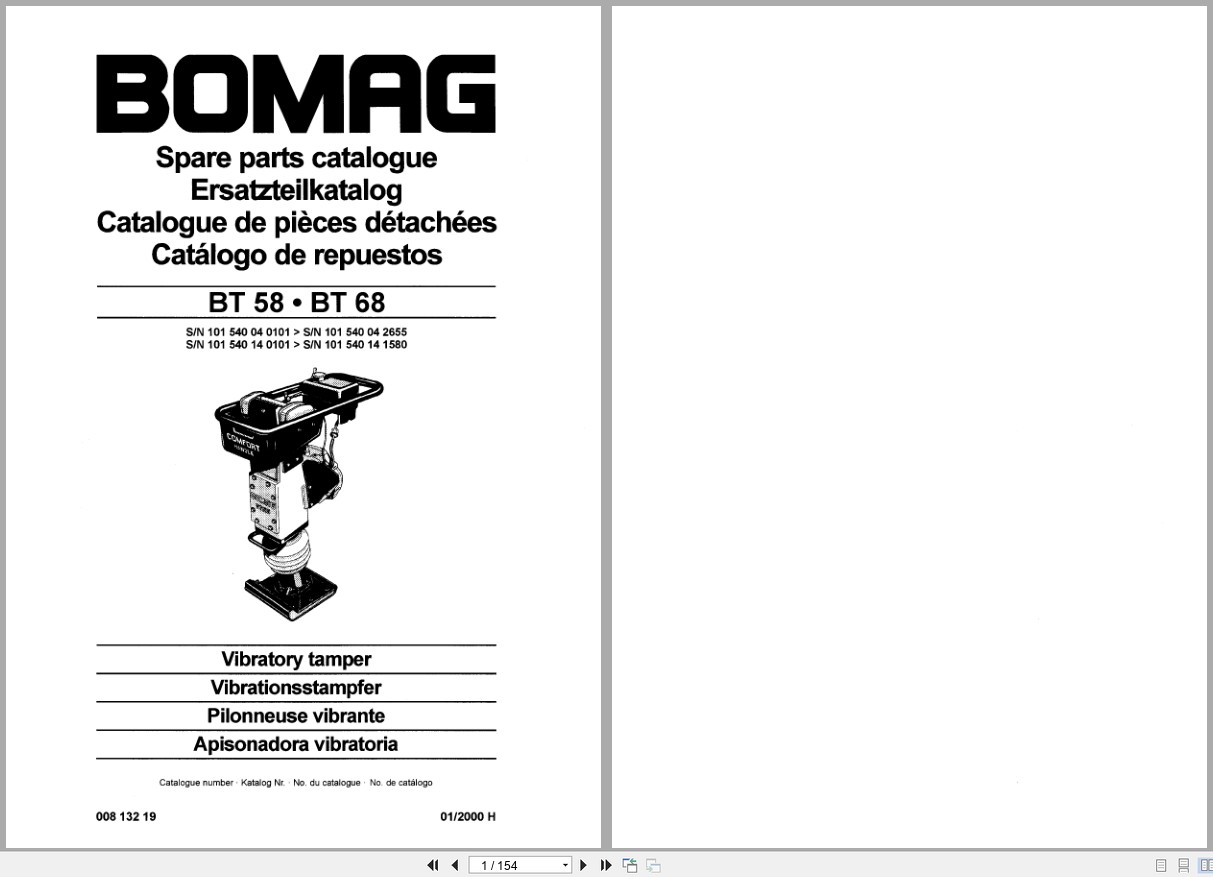 Bomag Vibratory Tamper BT 58 BT 68 Spare Parts Catalog 00813219 2000 EN DE FR (1)